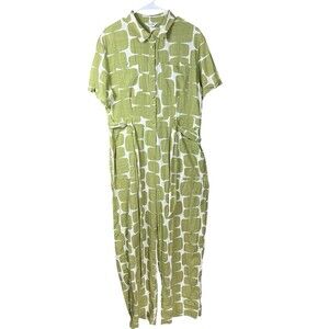 Tu x Scion Green White Abstract Jumpsuit UK 14 US 10 Cotton‎ Belted Button Up